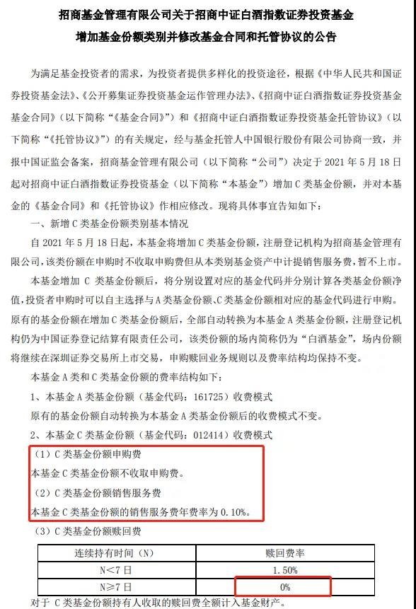 图：招商中证白酒指数基金增加C份额的公告 来源：基金公告