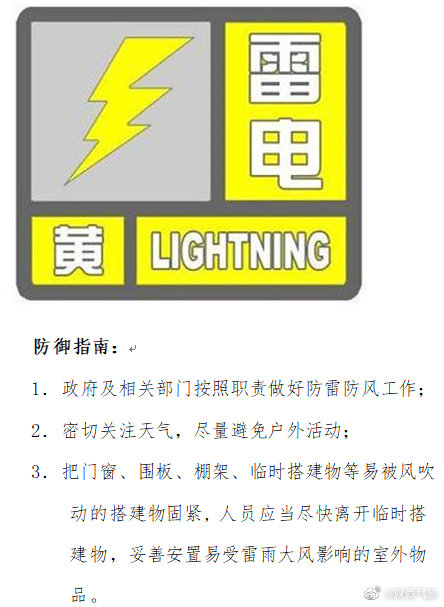 陕西省气象台发布雷电黄色预警：未来6小时或发生雷电活动