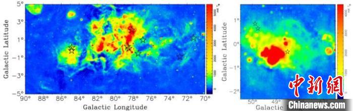 位于银河系本地旋臂(左)或人马旋臂(右)的新发现脉冲星(五角星)具有超常的色散量(DM)。国家天文台 供图