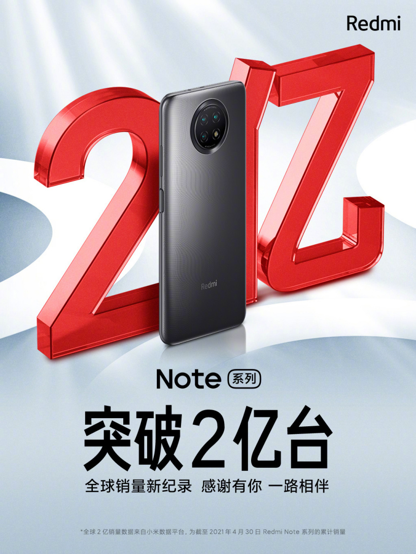 小米官宣：Redmi Note系列全球销量突破2亿台