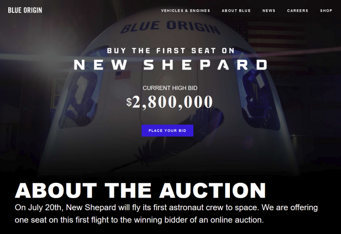 蓝色起源披露第二轮太空旅行最高竞价：280万美元