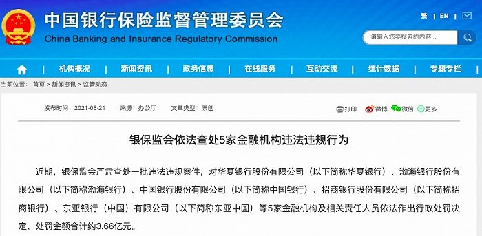 “合计罚款3.66亿元 银保监会对华夏、招商等5家银行开千万级罚单