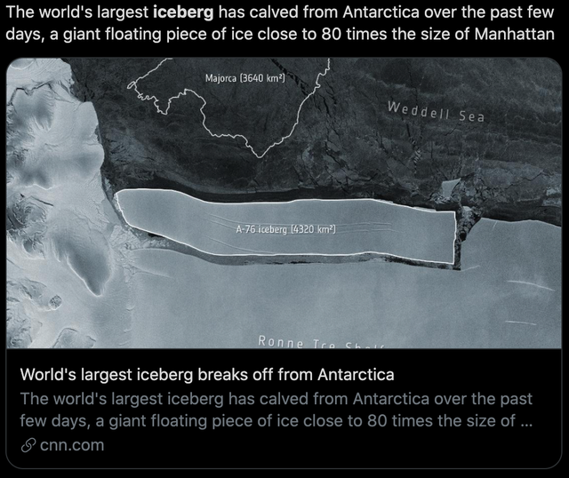 从南极洲脱落的冰山A-76。/CNN报道截图