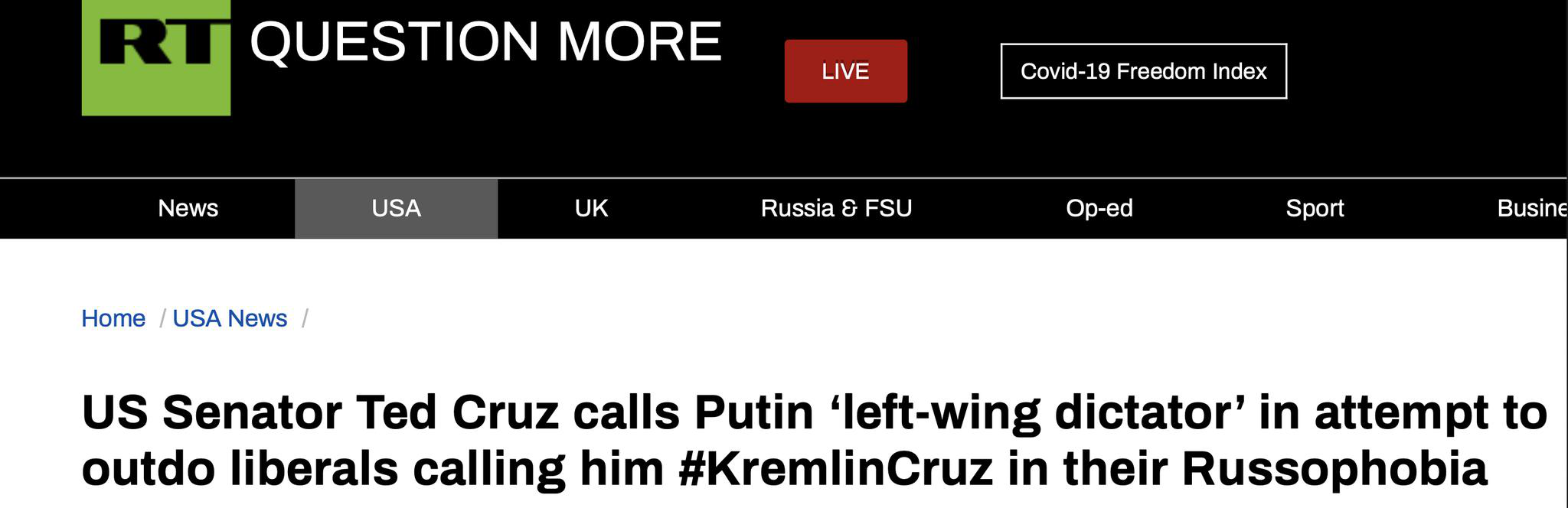 俄媒：被指“替俄罗斯宣传”后，美右翼保守派议员克鲁兹发推攻击普京