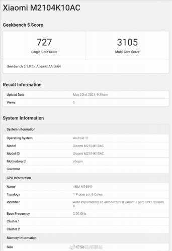 Redmi Note 10系列GeekBench跑分曝光：搭载天玑1100旗舰平台