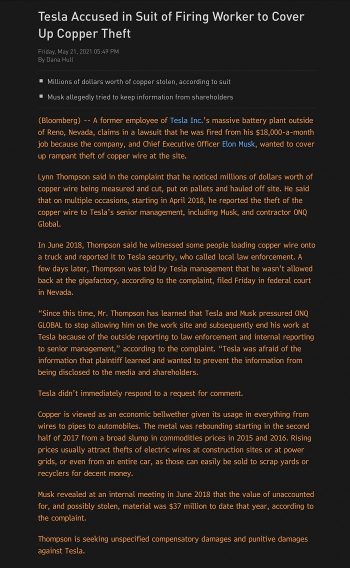 特斯拉被一名前员工起诉后者声称因报告铜被盗而被解雇 特斯拉 新浪科技 新浪网