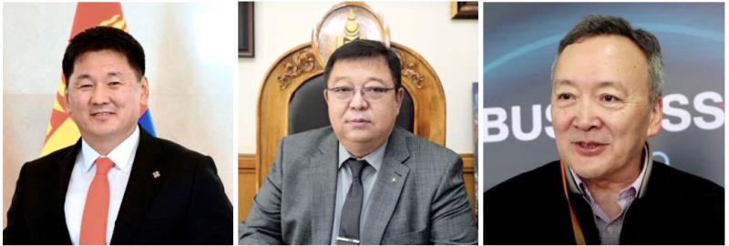 △蒙古国2021年总统候选人：呼日勒苏赫（左一）、额尔登（中）和恩赫巴特（右一）
