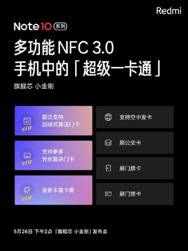 Redmi Note 10配备NFC 3.0功能：首次支持封闭式门卡