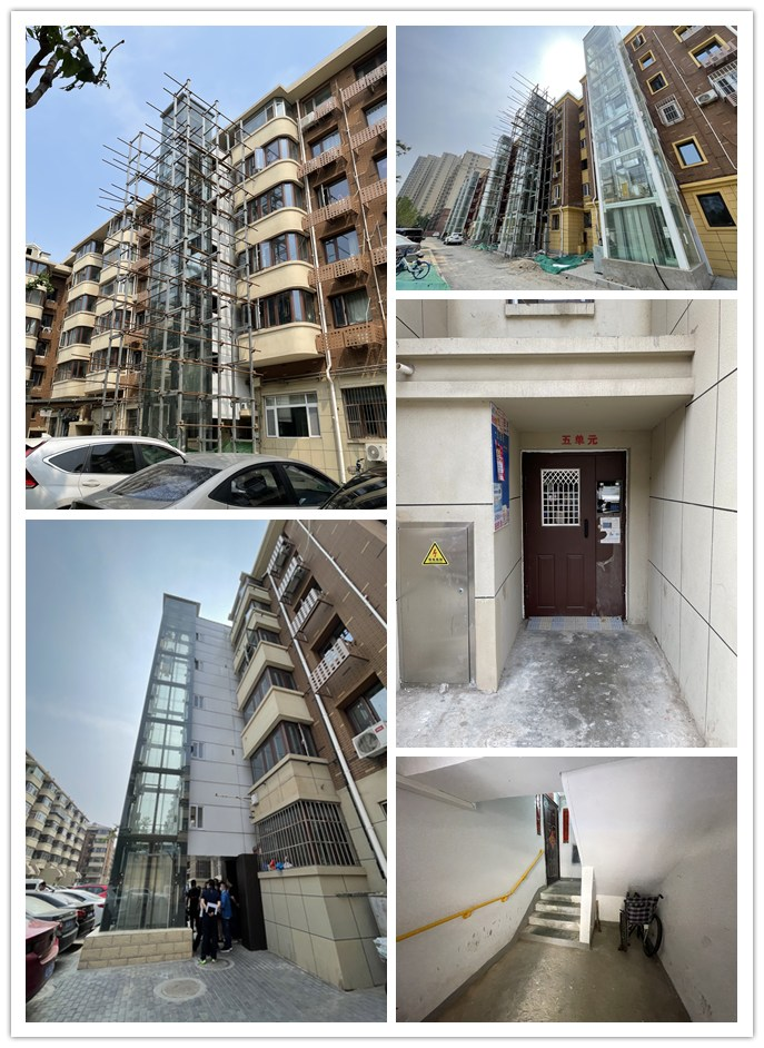 北小园小区正在改造和已改造完成的电梯情况,楼道内楼梯无障碍扶手和