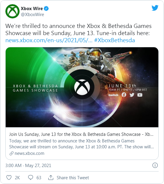 微软官宣6月13日联合贝塞斯达举办Xbox游戏展示会