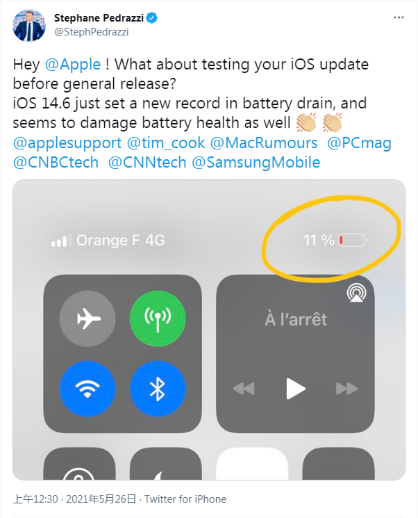 用户吐槽iOS 14.6导致iPhone过热和掉电太快