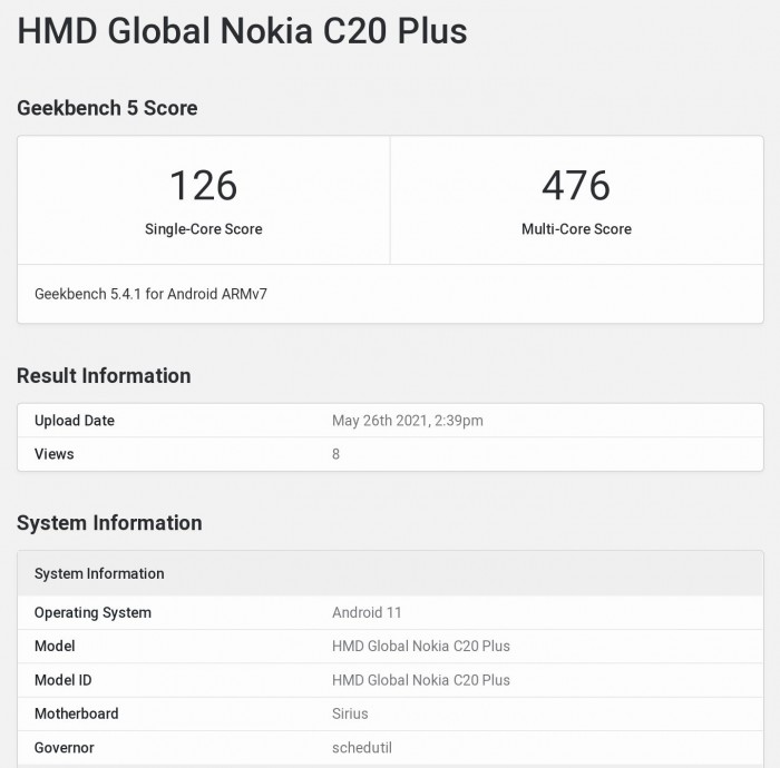 Nokia C20 Plus现身跑分库：展讯八核SoC+3GB内存