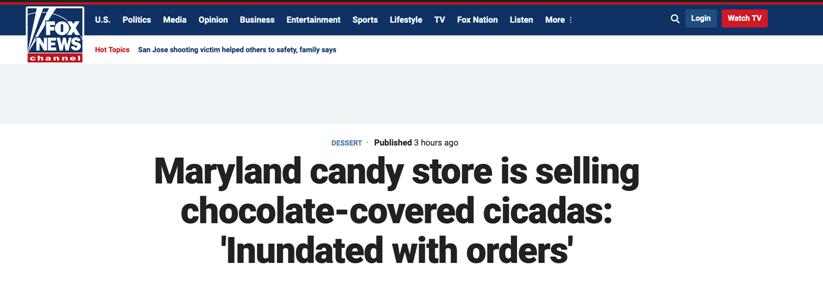 “生活就像一盒蝉”？美国马里兰州一糖果店出售“巧克力蝉”，还供不应求……