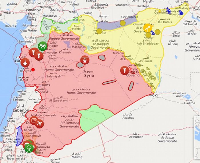 红色为政府控制区，黄色为库尔德人控制区，北部浅绿为亲土耳其武装和叛军控制区，灰色为缓冲区，绿色为叛军控制区，紫色为戈兰高地。图片来源：Syria.liveuamap