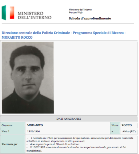 ·意大利内政部发布对罗科·莫拉比托的通缉信息。