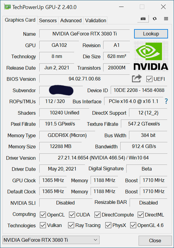 GPU-Z截图及线上验证信息泄露了定制版GeForce RTX 3080 Ti的大量细节