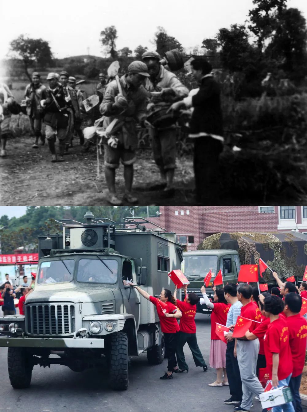 上图:当年江南人民欢迎解放军,老大娘给部队送水
