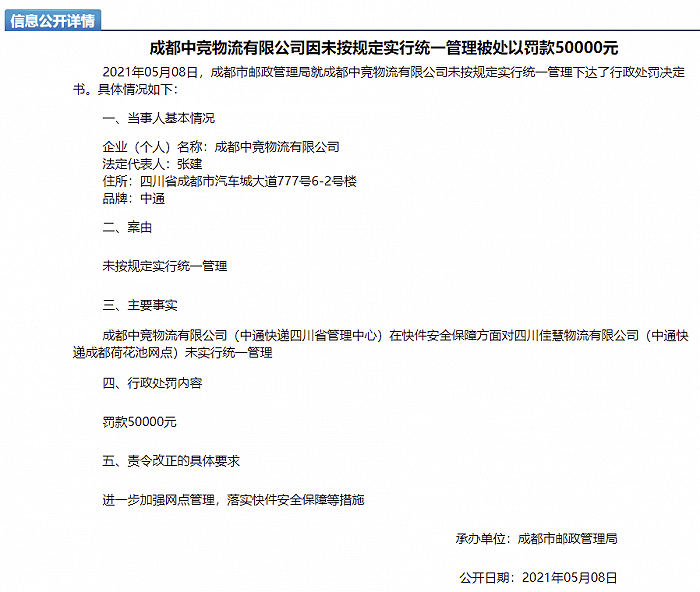 中通快递四川省管理中心、成都荷花池网点因“宠物盲盒”事件被行政处罚