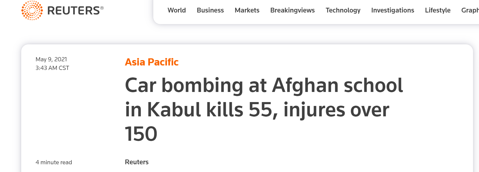 最新！阿富汗首都发生连环爆炸 至少55人死亡150人受伤