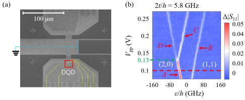 图(a)半导体量子点-微波谐振腔复合器件的电子显微镜示意图。红色方框是多个金属电极控制的半导体双量子点，蓝色线条标出的是微波谐振腔。图(b)微波谐振腔探测的双量子点激发态幅值谱。