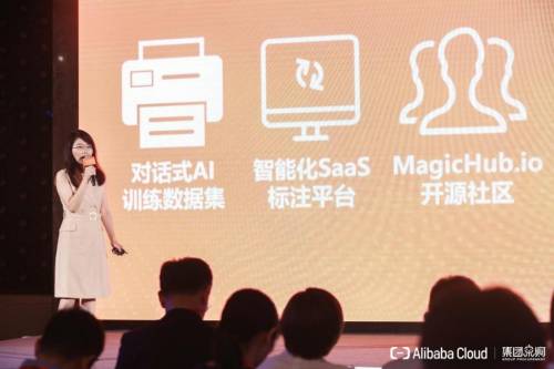 图：张晴晴在大会上介绍公司三大核心产品