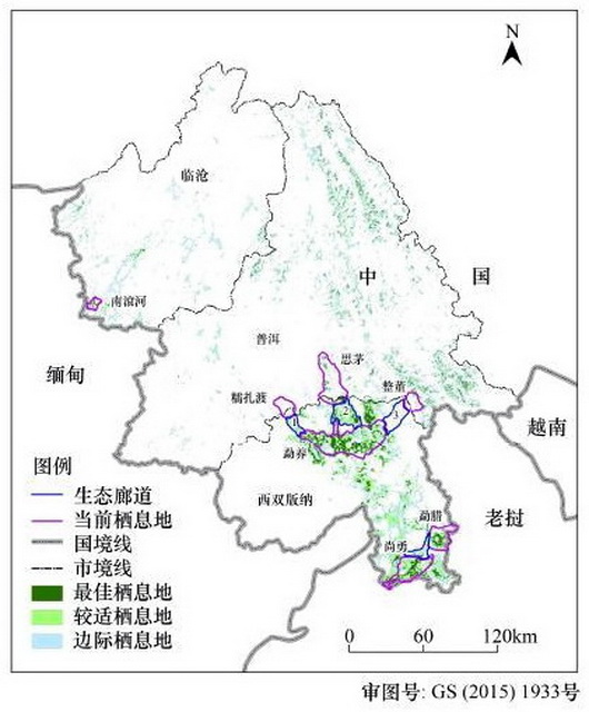 普洱与西双版纳亚洲象栖息地与规划的生态廊道 资料来源：《普洱市亚洲象栖息地适宜度评价》