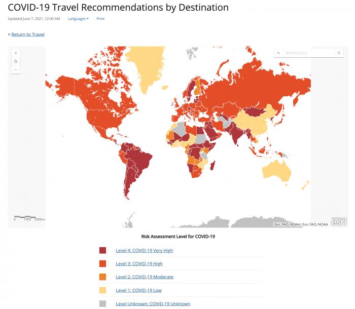 （全球疫情风险地图，来源：CDC）