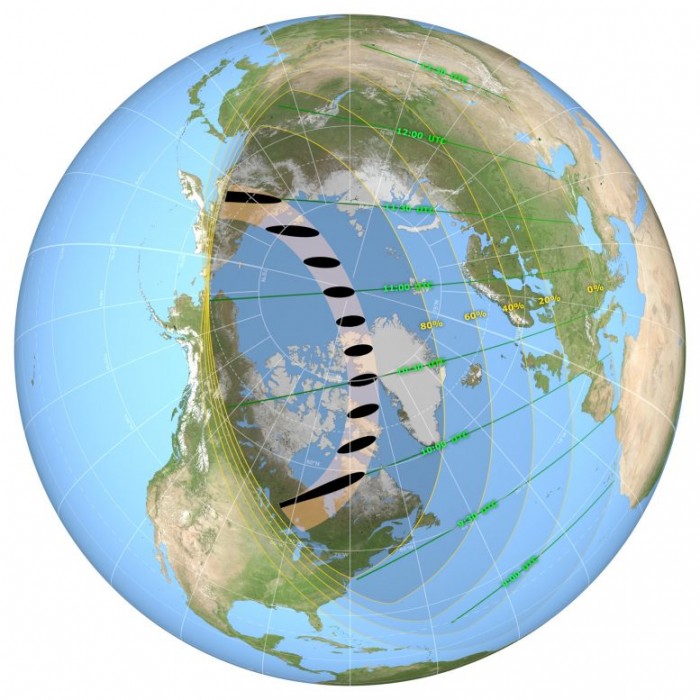 这张日食路径图显示了2021年6月10日日环食和日偏食的发生地点