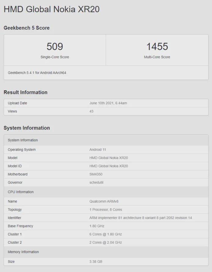 诺基亚新机XR20在Geekbench上被曝光：骁龙480+4GB内存