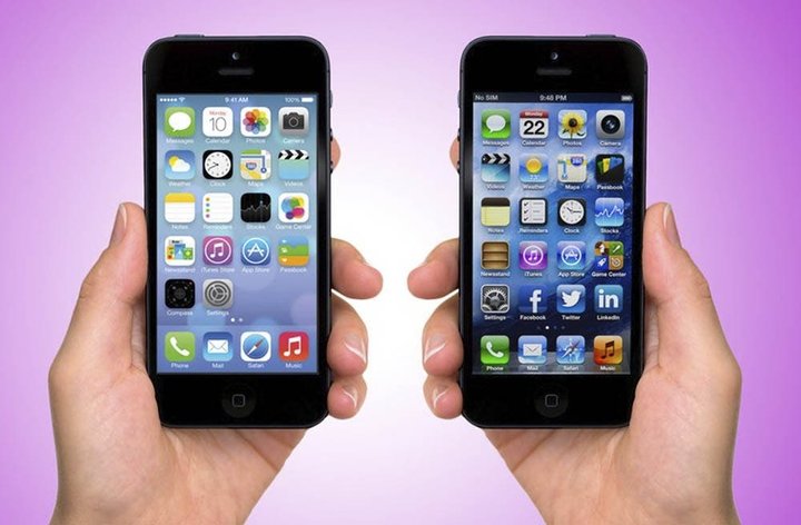 ▲‘扁平’的 iOS 7 与‘拟物’的 iOS 6。 图片来自：hipertextual
