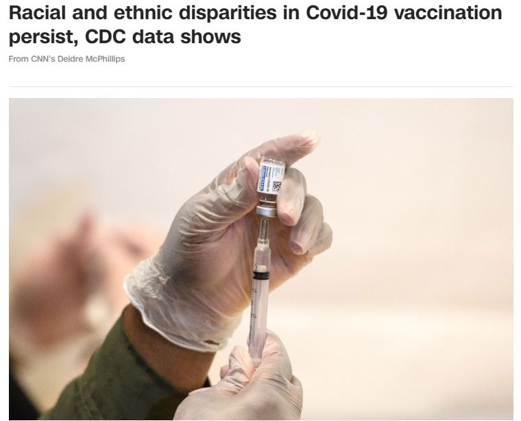 △美国有线电视新闻网网站报道称，美国疾控中心的数据显示，在疫苗接种方面仍然存在明显的种族差异。