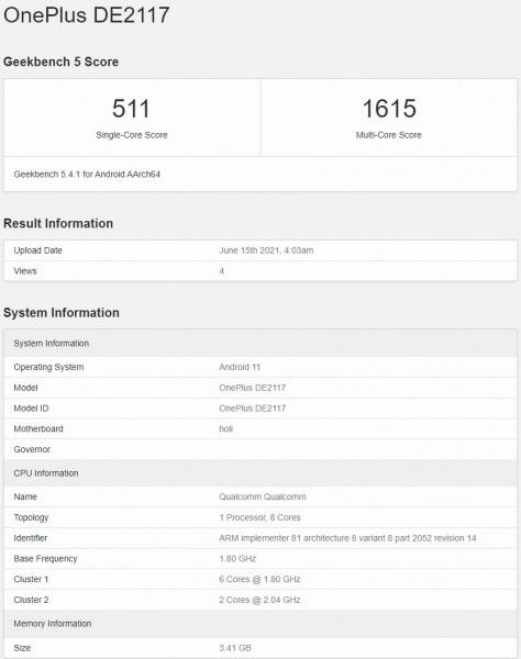 [图]一加Nord N200 5G现身跑分库：骁龙480+4GB内存