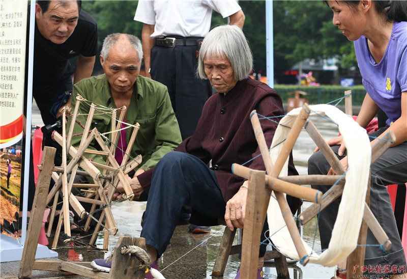   The elderly of the Mulao ethnic group are demonstrating the traditional spinning crafts of the Mulao ethnic group.  (Photo by Meng Zengshi)