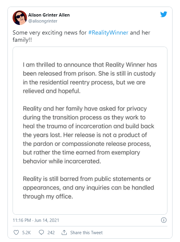 NSA泄密者Reality Winner已被释放出狱