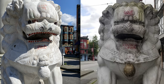 温哥华中国城石狮子去年被涂上种族主义词汇 图自推特