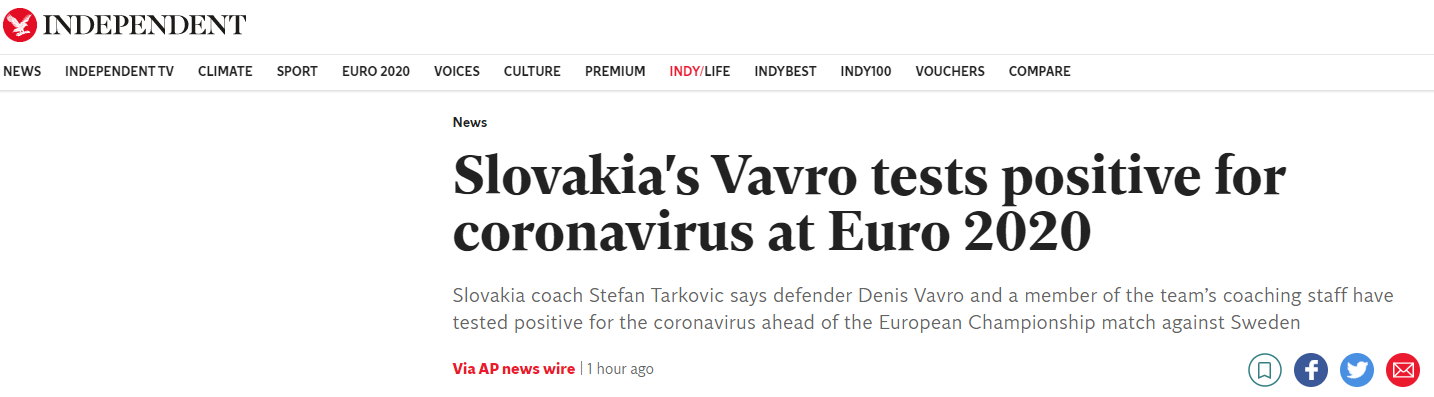 突发！欧洲杯开赛后首次出现阳性病例，斯洛伐克后卫和一名教练感染新冠