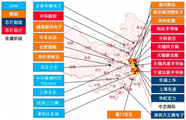 国内IGBT产业链厂商地域分布 图片来源：驭势资本