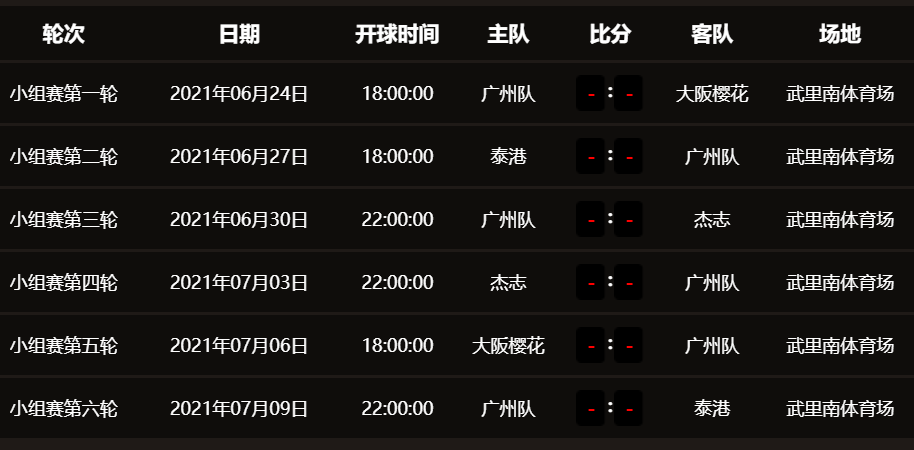 广州队亚冠小组赛赛程.图片来源:广州队官网