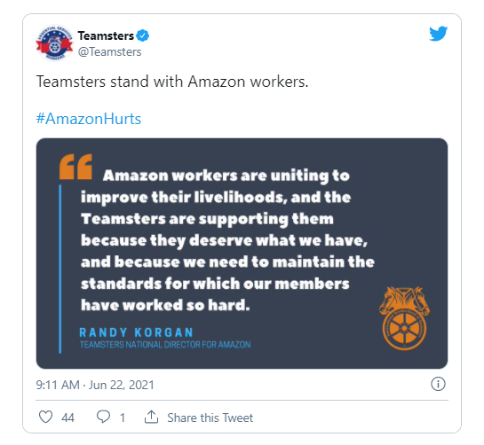 Teamsters计划积极推动亚马逊物流工人成立工会