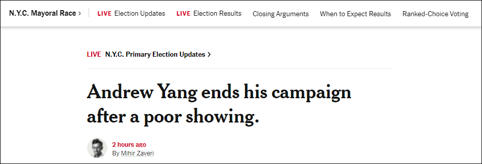 《纽约时报》：杨安泽在表现不佳后结束了竞选