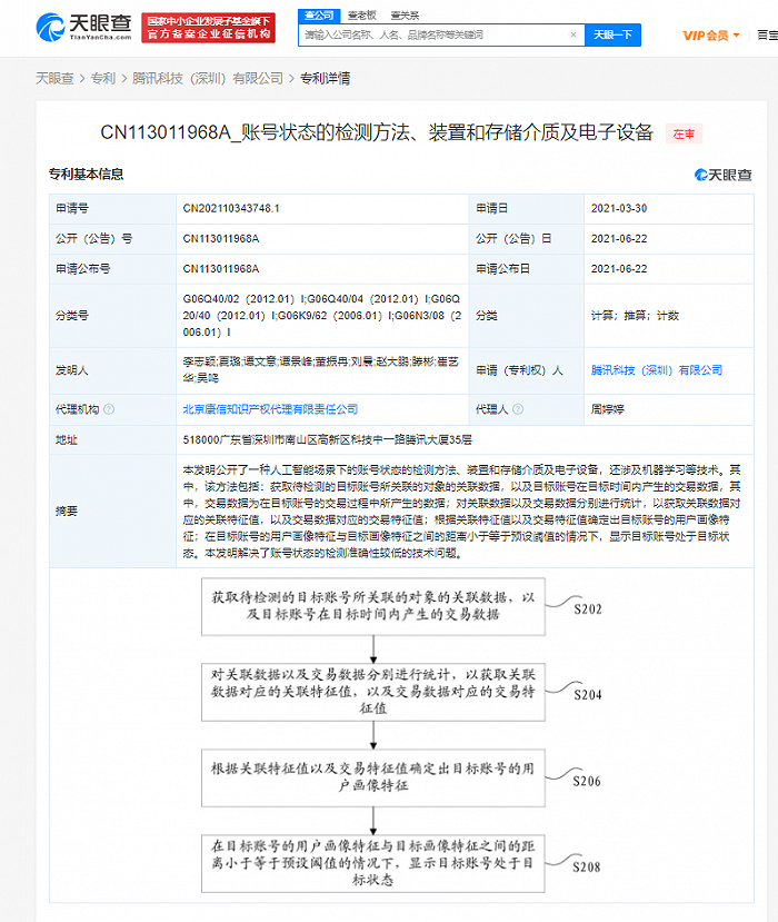 腾讯公开账号状态的检测方法专利，可提高检测准确度