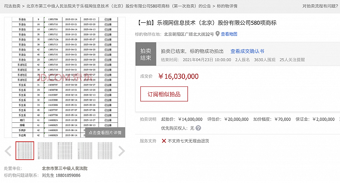 乐视网“乐生活”等580项商标拍卖，成交价为1603万元