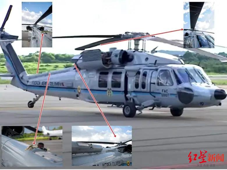 ▲哥伦比亚总统伊万·杜克乘坐的直升机在库库塔附近时遭遇袭击，机上可见多处弹射痕迹。图据hindustannewshub