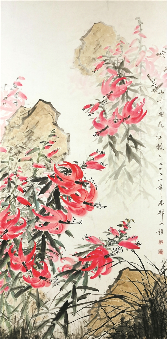 山丹丹花开红艳艳国画