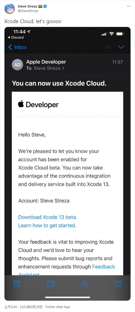 苹果于今年早些时候开放了XcodeCloud的公测参与申请
