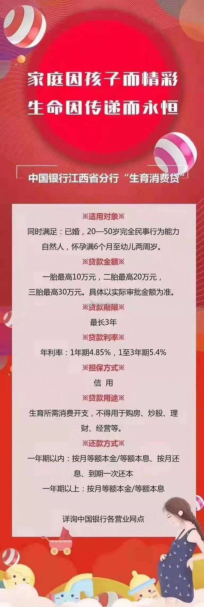 图：网传中国银行江西省分行的“消费生育贷”产品宣传海报。