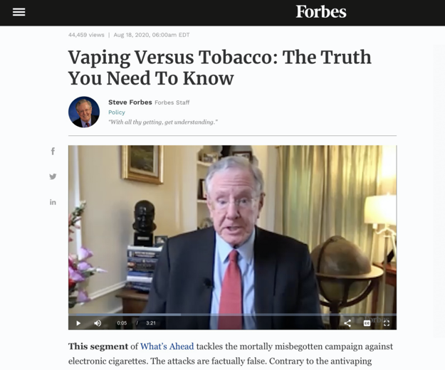 （图：2020年，《福布斯》总编辑史蒂夫·福布斯发布视频节目，呼吁人们了解真相，停止对电子烟的污名化。）