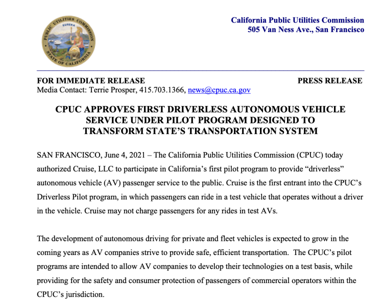 Cruise获加州政府批准为乘客提供无人驾驶试乘服务