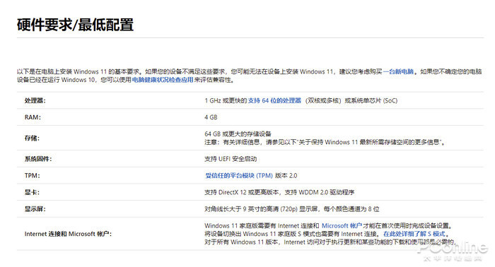 ▲Windows 11 最低系统要求（来源微软官网）