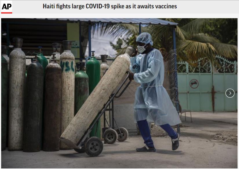 △美联社报道称，等待疫苗的海地与疫情高峰作斗争。